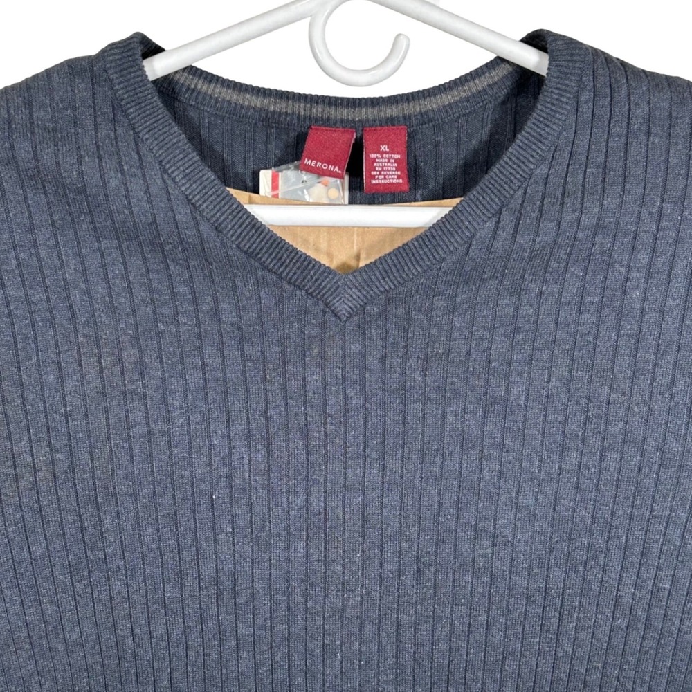 Merona Mens XL Bluish Grey Ribbed V-Neck 100% Cotton Long Sleeve Sweater New